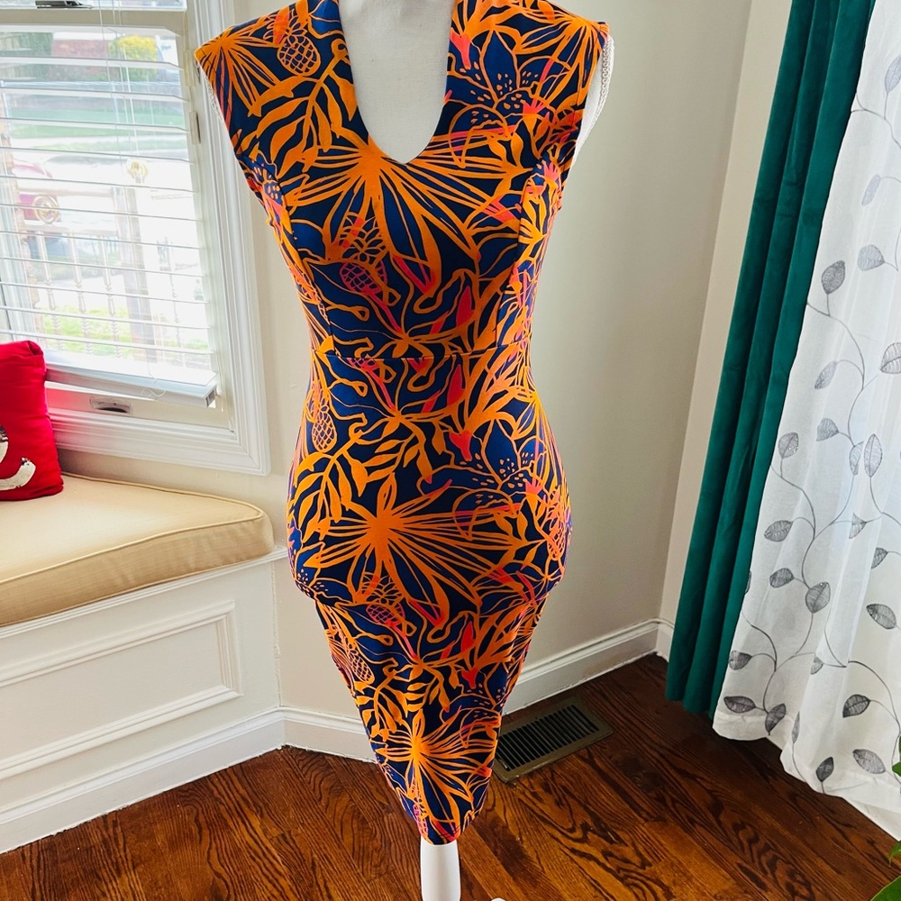 Sleeveless  V-Neck Orange Navy Floral Sheath Dress
